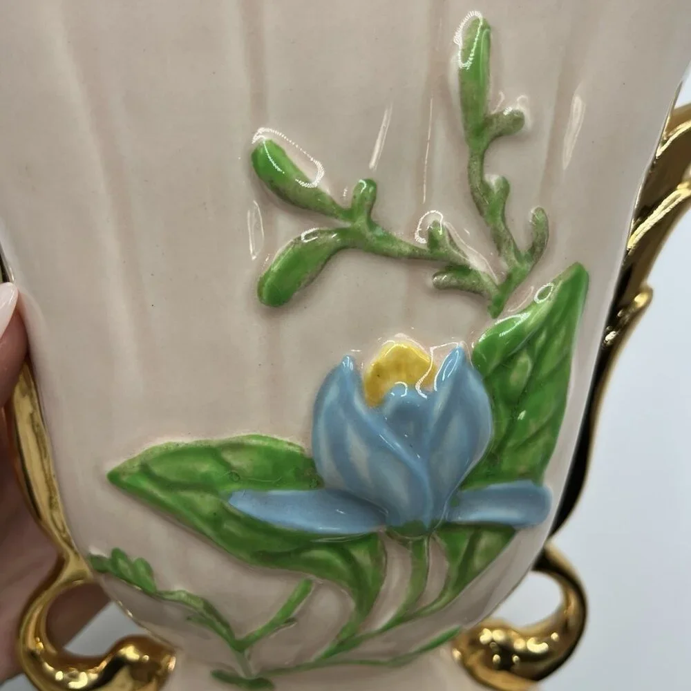 Vintage Hull Pottery Vase USA Art Baby Pink Gold Handles Blue Floral Mid Century